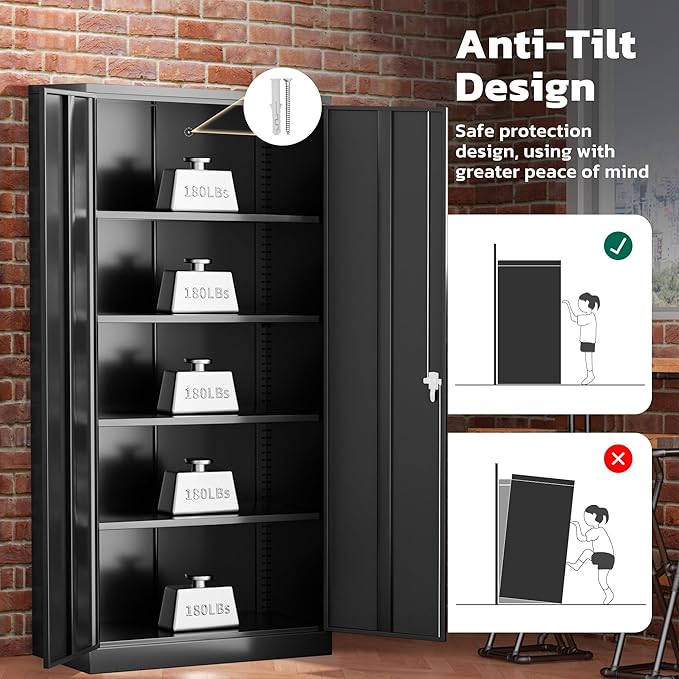 Greenvelly 72" H Metal Storage Cabinet, 36" W x 18" D Black Metal Cabinet with 2 Doors and 4 Adjustable Shelves,Locking Cabinets for Office, Home, Garage, School