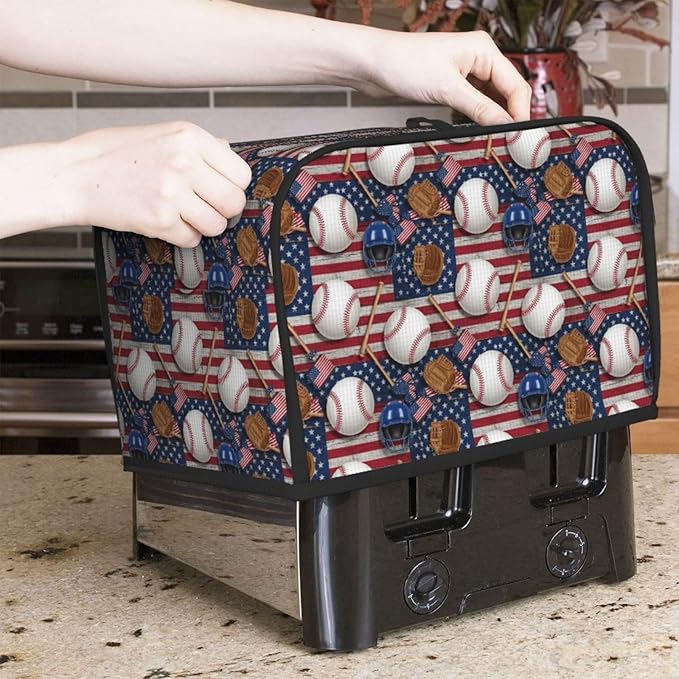 2 Slice Toaster Dust Cover, Machine Washable Fingerprint Protector Baseball Rustic Wooden American Flag, Soft Polyester Kitchen Appliance Cover