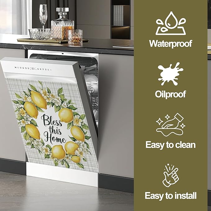 Lemons Magnetic Dishwasher Cover,Floral Dishwasher Covers for The Front Magnetic Dishwasher Panel Decal Cover for Kitchen 23x26inch