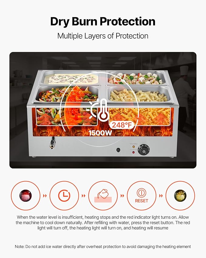 VEVOR Commercial Food Warmer, 1500W Electric Stainless Steel Steam Food Warmer with Lid, 4-Pan Fast Heating Countertop Buffet Bain Marie with Soup & Perforated Ladles, for Catering, Restaurant, Party
