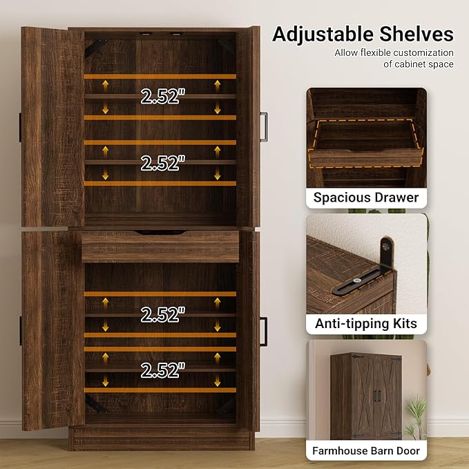Unikito 71" Tall Kitchen Pantry Cabinet with Farmhouse Barn Doors and Storage Drawer, 8 Adjustable Shelves, Freestanding Cupboard for Dining Room, Living Room, Utility Room, Weathered Brown 2 Pack