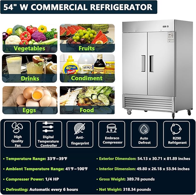 54" W Commercial Refrigerator 2 Section, 2 Solid Door Stainless Steel Reach-in Refrigerator 42.2 Cu.ft, Upright Fan Cooling for Restaurant, Bar, Shop, Home, Business, Kitchen, ETL & DOE