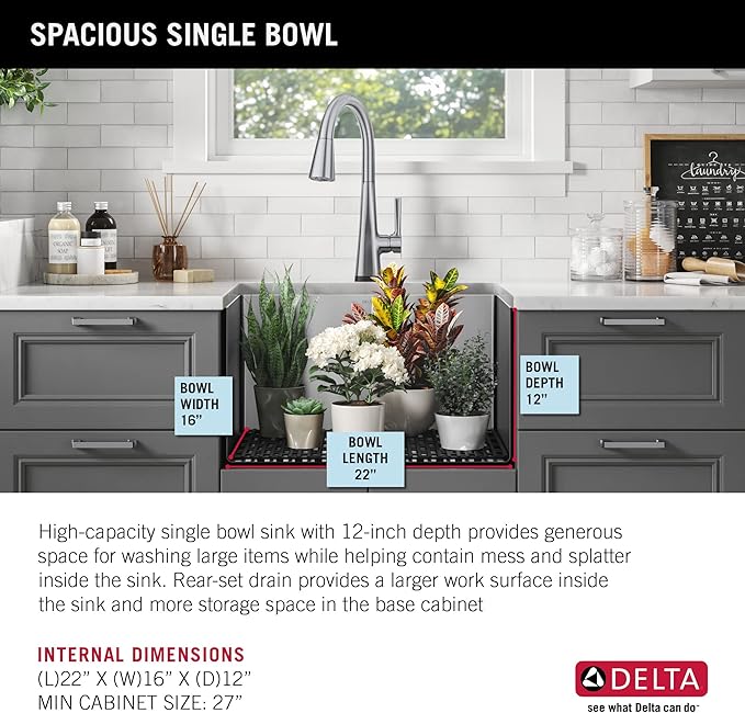DELTA FAUCET Delta Lenta 24-inch Undermount 16 Gauge Stainless Steel Single Bowl Laundry Utility Kitchen Sink with Accessories, 953034-24SL-SS, Satin