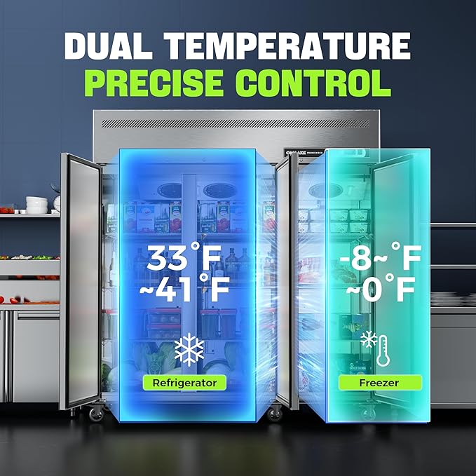 Coolake 72" W 3 Door Commercial Refrigerator and Freezer Combo, 54 Cu.ft 3 Section Stainless Steel Solid Door Fan Cooling Upright Reach in Freezer for Restaurant, Bar, Shop, Garag