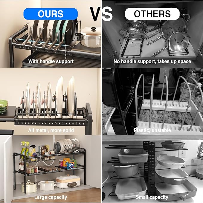 Pots and Pans Organizer Under Cabinet, Expandable 2 Tier Under Sink Organizers Storage Adjustable Height Kitchen Pot and Pan Lid Holder Rack with 6 Dividers(4panels,2baskets,1 Pot rack,Black)
