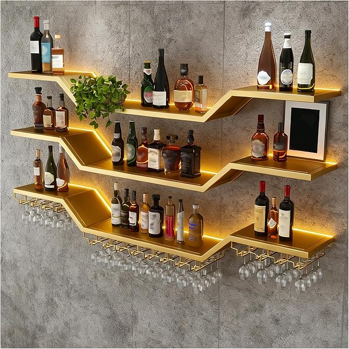 63in Modern LED Wine Rack Wall Mounted, 3-Tier Floating Bar Shelves with Wine Glass Rack, Large Hanging Liquor Shelf Wall Mounted, for Home Bar Dining Room Cafe Decorative (Gold, 63in/160cm)