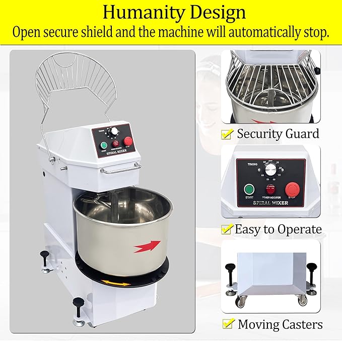 TECHTONGDA 20L Commercial Dough Mixer 110V Dual Rotating Dough Kneading Machine, Electric Food Mixer Machine with Detachable Stainless Steel Bowl and Safety Shield, for Restaurant Pizzeria