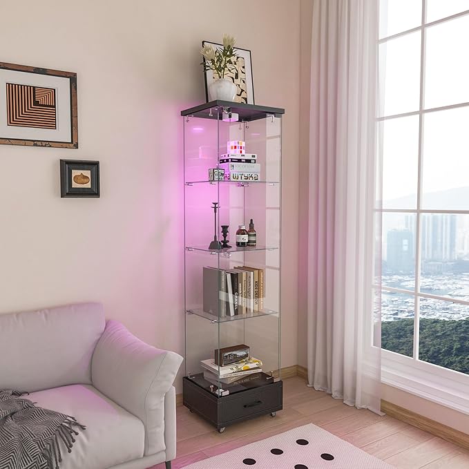 Yoluckea 4 Tiers Glass Display Cabinet with LED Lighting and Drawer, 1 Door Floor Standing Curio Cabinet with Wheel for Home, Office, Corner Display, Black Glass Bookshelf for Collections and Decor