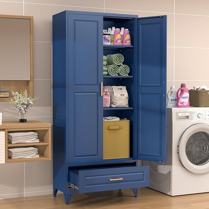 75” Kitchen Pantry Storage Cabinet,Metal Tall Storage Cabinet with Drawers and Adjustable Shelves,Modern Kitchen Hutch Cabinet,Freestanding Cupboard for Living Room,Blue
