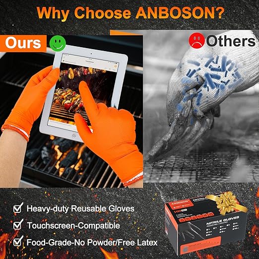 BBQ Gloves for Grilling Disposable Heat Resistant - 100 Nitrile Gloves + 4 Reusable Cotton Liners for Cooking Smoker -Orange XXLarge