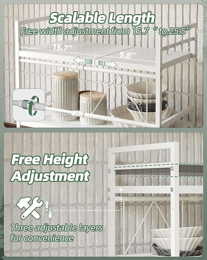 NETEL Expandable Microwave Stand,2 Tier Metal Kitchen Countertop Organizer Shelves with Paper Towel Holder and Baskets,Bakers Rack,Microwave Shelf,Microwave Oven Rack,55lbs Weight Capacity,White