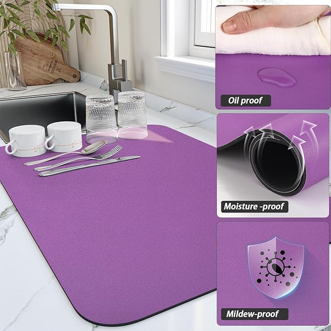 Dish Drying Mat for Kitchen Counter, Heat Resistant Drainer Mats with Non-slip Rubber Backed, Hide Stain Kitchen Super Absorbent Draining Mat, Easy to Clean Dish Rack Pad, Purple 16"x20"