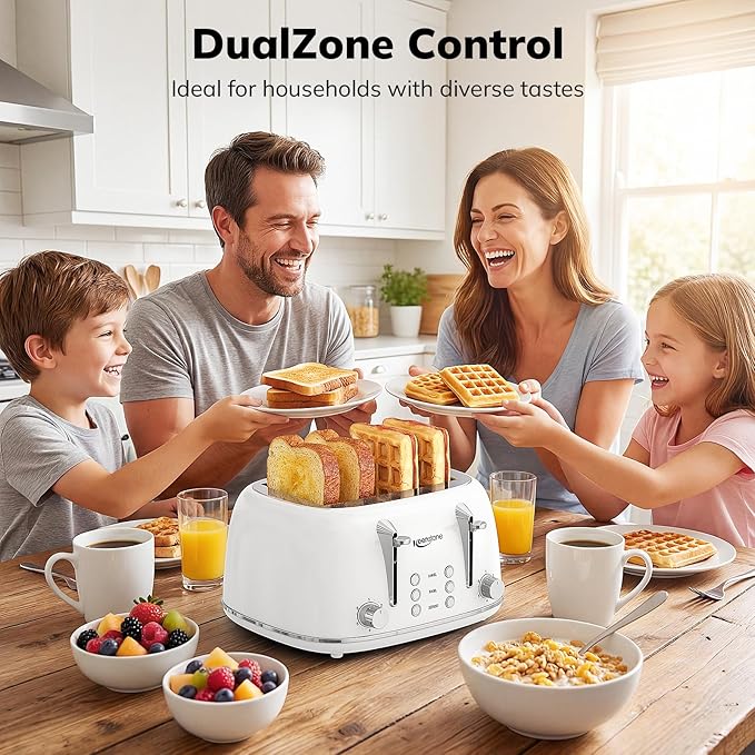 Keenstone Toaster 4 Slice, Retro Stainless Steel Wide Slot Toaster with Dual Independent Controls, 6 Browning Levels, Bagel, Defrost, Reheat & Cancel, Removable Crumb Tray, White