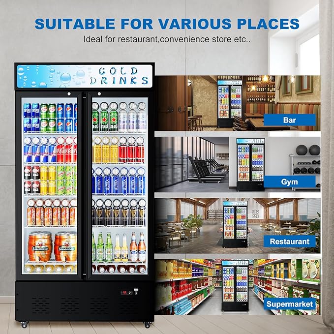 Commercial Beverage Refrigerator, 30 Cu.ft. Fridge Display Glass Door Upright Display Door with Adjustable Shelves LED Light for Restaurant,Grocery Stores,Office