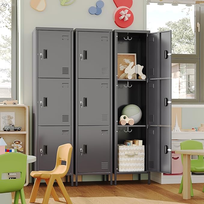 METAN Metal Storage Employees Lockers with 3 Lockable Doors and Hooks,66''H*16''W*16''D Locking Storage Cabinets for Small Spaces,Home,School,Gym,Assembly Required,Dark Gray