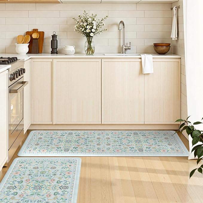 KIMODE Anti Fatigue Kitchen Mats for Floor Cushioned,Boho Floral Kitchen Rugs Sets of 2 Non Slip,Wide Memory Foam Kitchen Floor Mat for Laundry Sink Bathroom Office,Blue 20" x 47"+20" x 32"