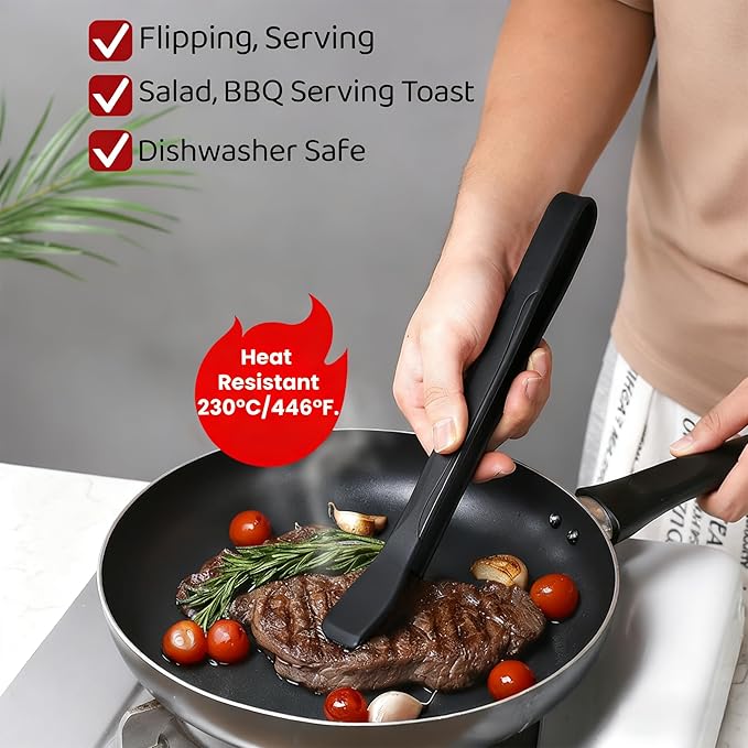 Silicone Tongs for Cooking, Black Heat Resistant Kitchen Tongs with Silicone Tips (11inch), Non-Scratch Food Tongs for Flipping, Serving, Salad, BBQ Serving Toast, Dishwasher Safe (Black)
