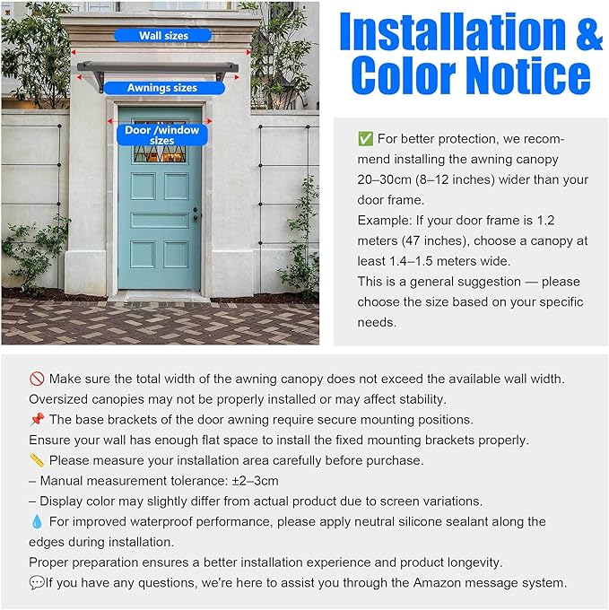 Awning for Door Entrance with Drainage Sink,40x48 Inch Awnings for Doors,Window Canopy Exterior with Plastic Steel Bracket,Polycarbonate Cover,UV,Rain,Snow Protection for House,Porch,Patio,Deck