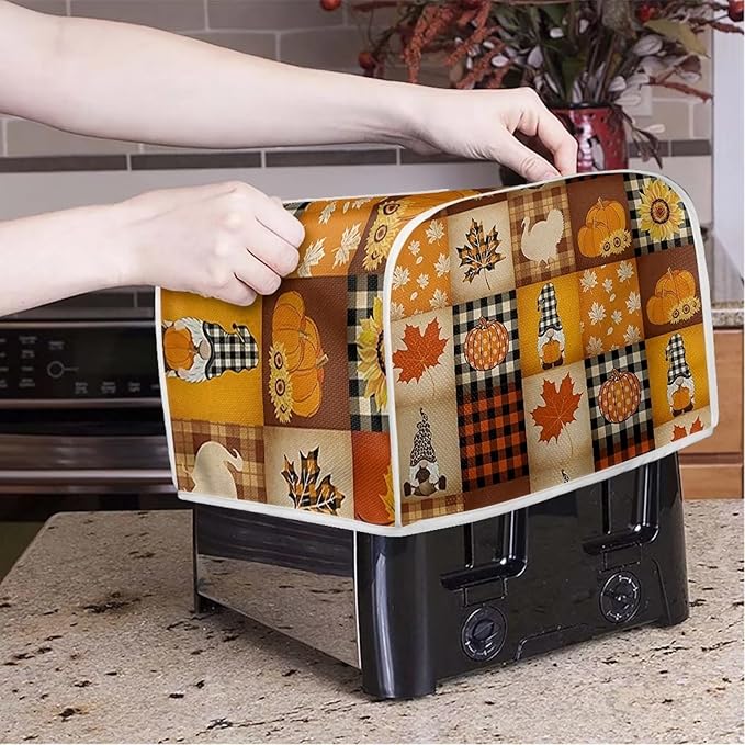 UNICEU Autumn Pumkins Maple Leaves Toaster Covers 4 Slice Bread Maker Dust Cover, Fall Harvest Kitchen Small Appliance Dust Protector Cover, Thankgiving Day Gifts