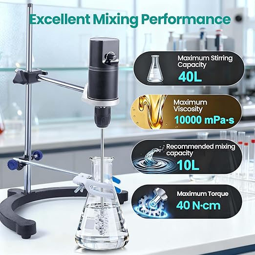 Lab Overhead Stirrer - 40L Capacity Digital Mixer, 100-2000 RPM Variable Speed, High Viscosity 10000mPa·s, Brushless Motor with Support Stand & Dual Stirring Rods