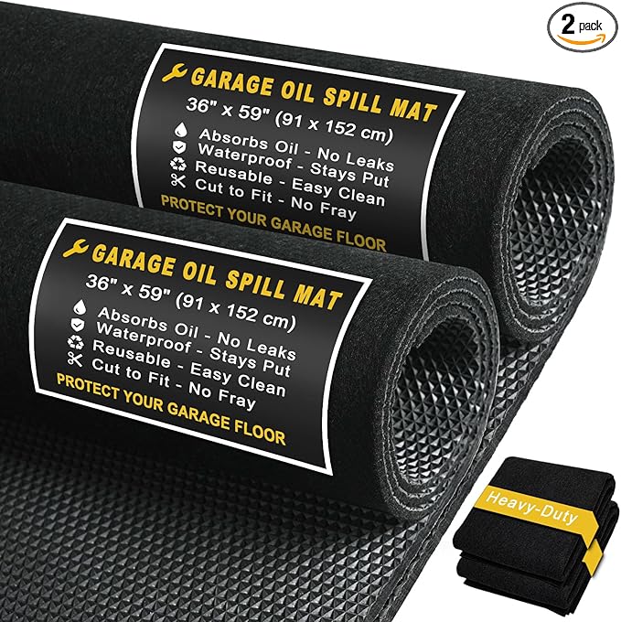 Golener 2-Pack Oil Spill Mats - Garage Floor Mat, Absorbent Oil Pad, Premium Maintenance Mat, Waterproof, Contain Liquid, Protect Garage Surface from Spill & Stain, Reusable, Durable, Black, 36”x59”