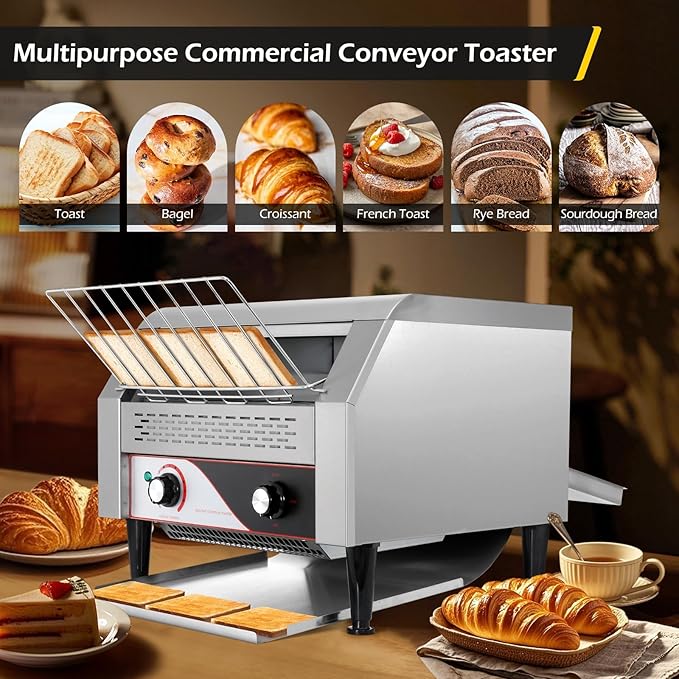 Dyna-Living Commercial Conveyor Toaster 450 Slices/Hour Restaurant Conveyor Toaster for Bun Bagel Bread, 1900W Heavy Duty Stainless Steel Commercial Toasters Bun Toasters