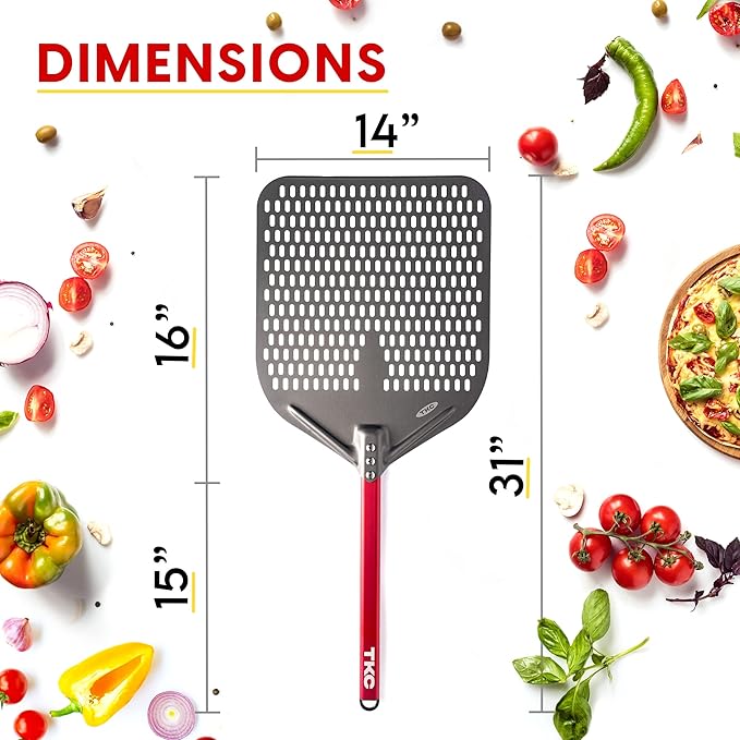 TKC 14" Aluminium Pizza Peel - Durable, Perforated Design for Easy Dough Transfer, Heat-Resistant Handle, Compatible with all Pizza Ovens - Indoor/Outdoor - Lightweight, Non-Stick (Black)