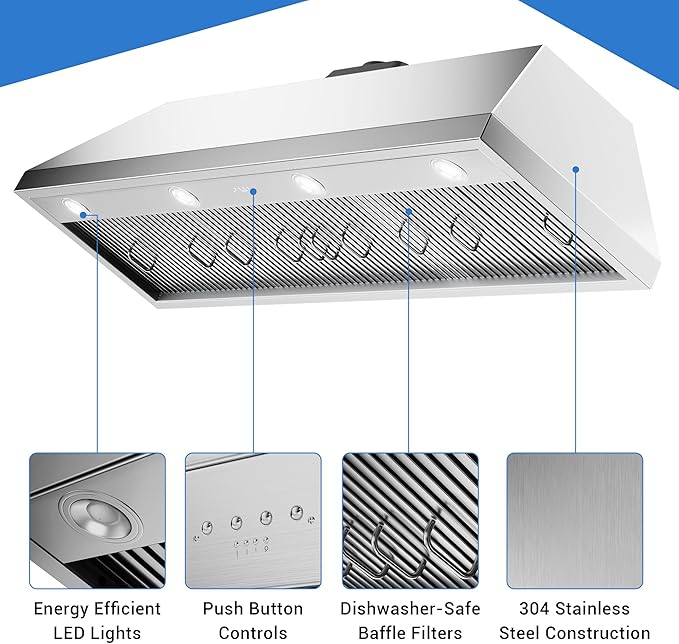 60-inch Range Hood Insert, CT Copper Tailor Built-In Vent Hood Ducted with 4-Speed Fan, 1260 CFM, LED Light, Dishwasher-safe Baffle Filter, in Stainless Steel