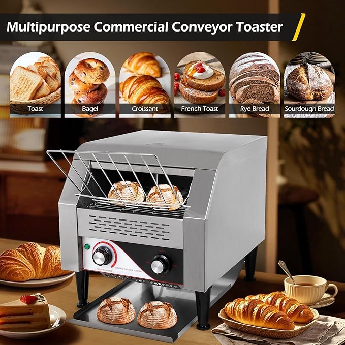 Dyna-Living Commercial Toaster 300 Slices/Hour Conveyor Toaster Commercial 1900W Heavy-duty Stainless Steel Rotating Toasters Oven for Restaurant, Conveyor Belt Toasters for Bun, Bagel, Bread