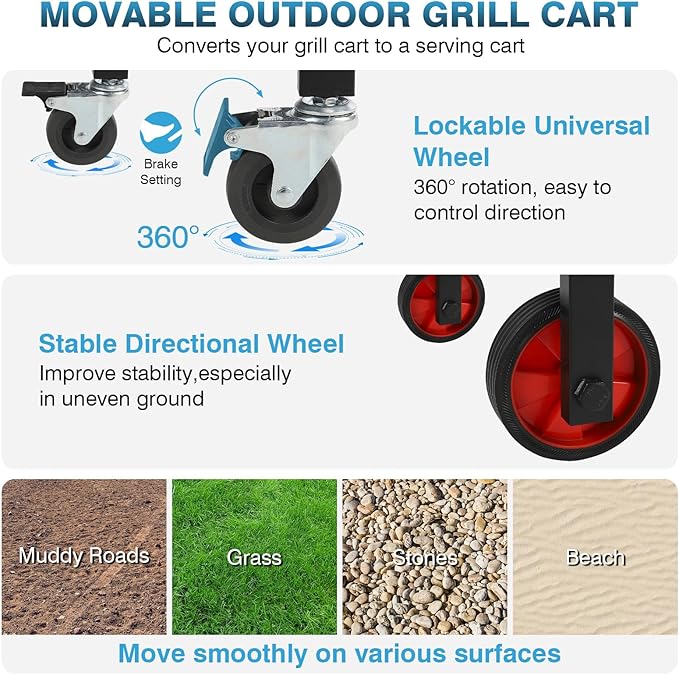 IRONWALLS Outdoor Grill Table Cart, 31"L x 17" W Folding Grilling Cart with Wheels, Portable Griddle Stand Pizza Oven Table, Food Prep Table, Wood-fire Grill Stand for Barbecue, Camping