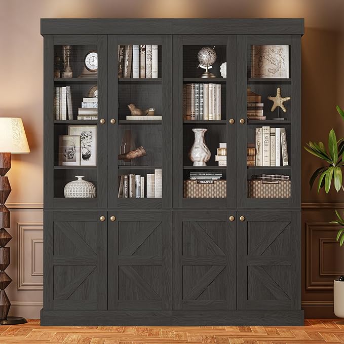 Vyre 71" Tall Farmhouse Kitchen Pantry, Set of 4 Large Storage Cabinets with Glass Doors, Adjustable Shelves, Wood Versatile Hutch Cabinet for Living Room, Dining Room, Black