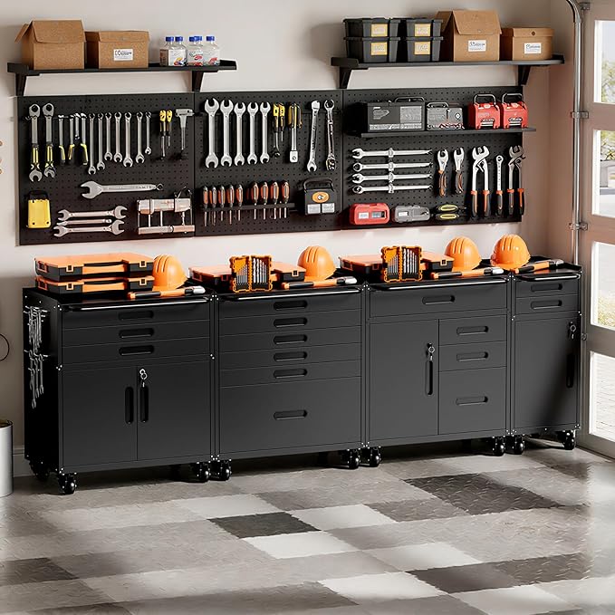 Garage Storage Cabinet,Metal Rolling Tool Cabinet with 2 Pegboard and 10 Hook,Heavy Duty Mechanics Tool Chest Storage for Workshop, Basement,Warehouse,Include Workbench Liner,Black
