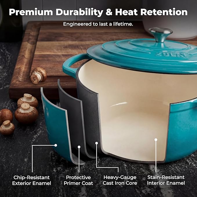 Zulay Kitchen 6 Quart Enameled Cast Iron Dutch Oven with Lid – Premium Durability & Oven Safe up to 500°F – Heavy Duty Cookware Perfect for Bread Baking, Stews, Braising & Roasting – Light Blue