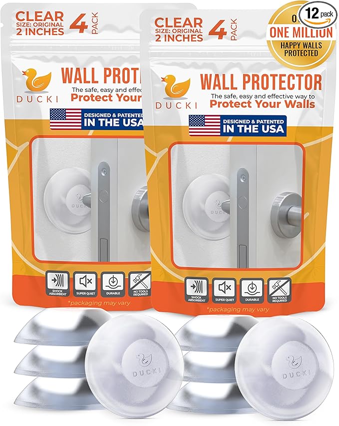 Ducki Door Stop Wall Protectors, 8 Pack Clear, Self Adhesive Reusable Solution for Stopping Wall Damage & Noise from Doors, Refrigerators, & in Your Home or Office, Durable Shock Absorbent & Discreet