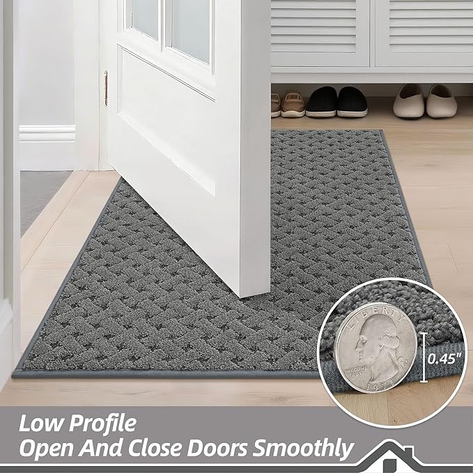 BEQHAUSE Dirt Trapper Door Mat Non-Slip Entryway Rugs Stain Resistant Absorbent Dog Doormats Woven-Look Washable Welcome Floor Doormat for Front Back Door, Muddy Wet Shoes & Paws, 20" x 32", Grey