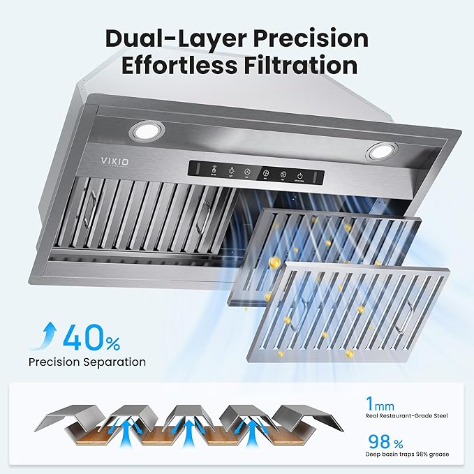Range Hood Insert 42 Inch,Built-in Kitchen Hood with 980 CFM, Ducted/Ductless Convertible Duct,Stainless Steel Kitchen Vent Hood/Gesture/Touch Control, 3 Pcs Baffle Filters with Handlebar