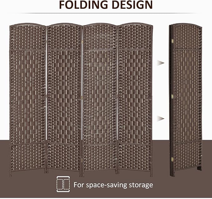 HOMCOM 4 Panel Room Divider, 6' Tall Folding Privacy Screen, Woven Freestanding Wall Partition for Home Office, Bedroom, Brown