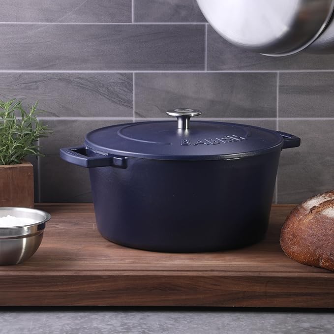 Babish 6-Quart Round Enameled Cast Iron Dutch Oven with Lid – Blue, Heavy-Duty Dutch Oven for Slow Cooking, Braising & Baking