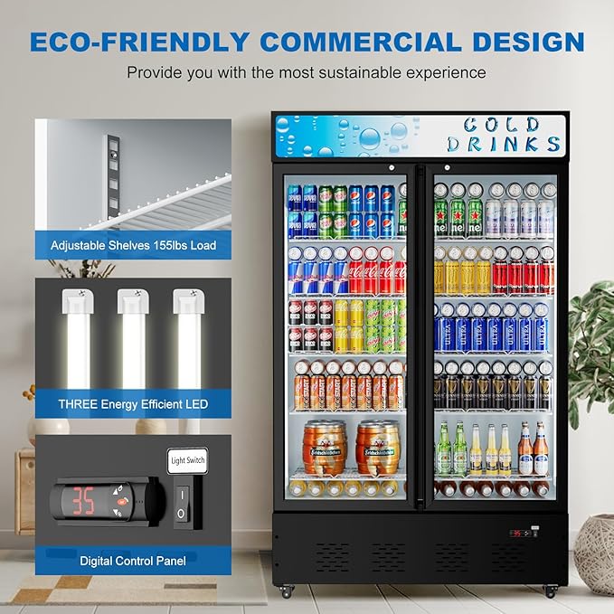 40 Cu.ft. Commercial Beverage Refrigerators Glass Door Refrigerator Upright Display Cooler with Soft LED Light and Adjustable Shelves for Restaurant Grocery Stores Home