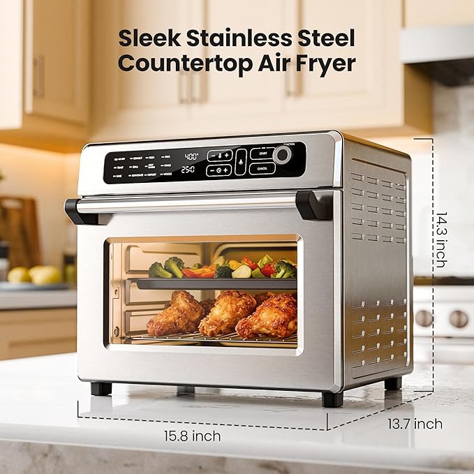 Kismile 25QT Air Fryer Toaster Oven Combo, 12-in-1 Large Countertop Convection Airfryer Oven, 70–450℉, Bake, Roast, Reheat, Broil, Fits 12″ Pizza, Includes Full Accessories, Stainless Steel(Silver)