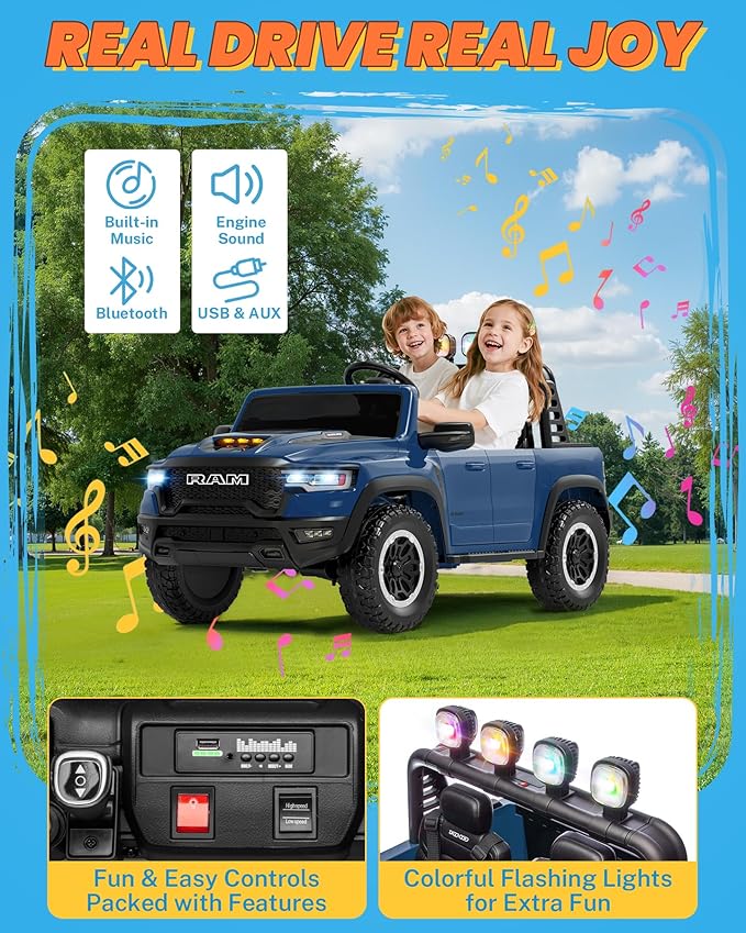 ENYOPRO 24 Volt Ride on Toys for Boys, Licensed RAM 1500 RHO 2 Seater Electric Car w/Remote Control, Kids Electric Vehicles w/Working Truck Tailgate, Spring Suspension, Bluetooth, LED Lights (Blue)