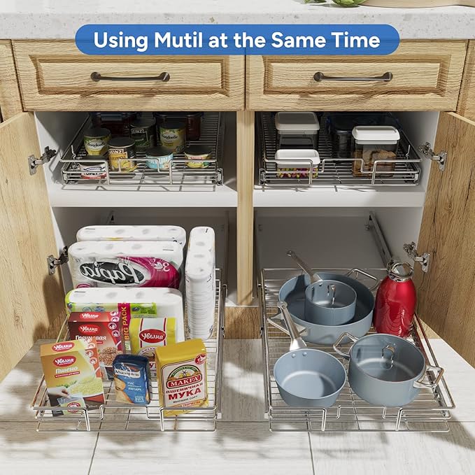 ROOMTEC Pull Out Cabinet Organizer, Single Tier, Black, Kitchen, 9" W x 21" D x 3.5" H, Heavy Duty Slide Out Shelves