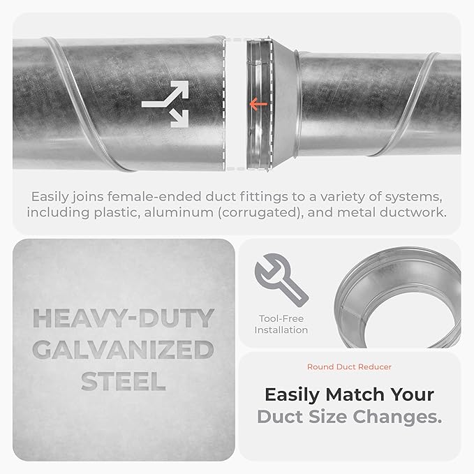 10" to 8" Inch Round Duct Reducer - Galvanized Steel Pipe Increaser - Coupling for Round Duct Ventilation Systems - Heating & Cooling, HVAC