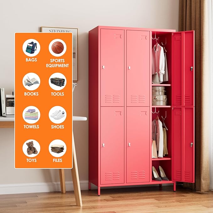 METAN Metal Locker for School Office Gym Bedroom,6 Doors Steel Storage Lockers Cabinet for Employees,Industrial Storage with 1 Shelf,Assembly Required,Red