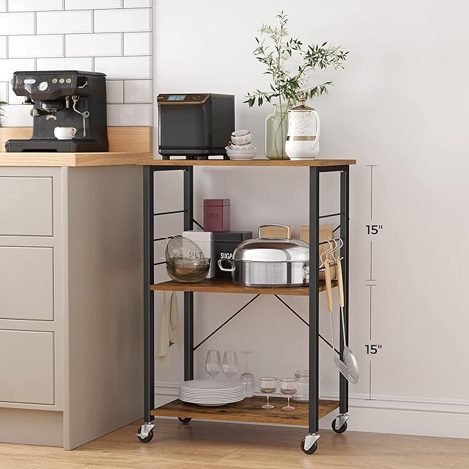 VASAGLE Kitchen Shelf on Wheels, 23.6 Inches Serving Cart with 3 Shelves, Kitchen Cart, Microwave Shelf, for Mini Oven, Toaster, with 6 Hooks, Industrial Style, Rustic Brown and Ink Black UKKS60XV1