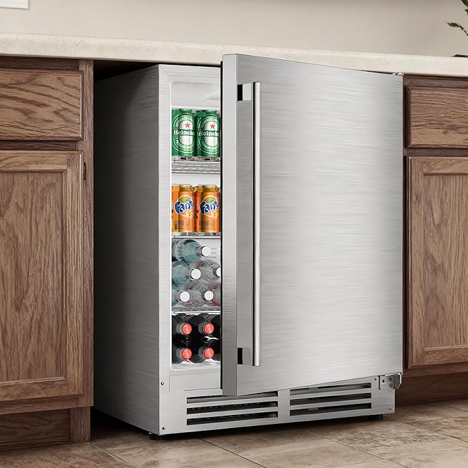 Coolake 24″ Outdoor Refrigerator for Patio, 5.3 Cu.ft/180 Cans Under Counter Beverage Cooler, Stainless Steel Built-in or Freestanding Weather Proof Beverage Fridge for Backyard Kitchen