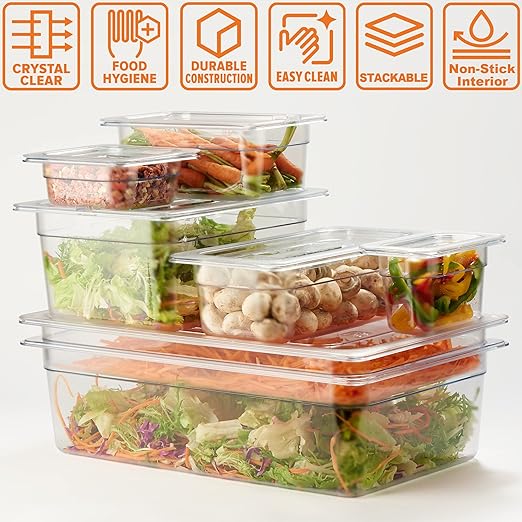 CURTA 6 Pack NSF Food Pans, Full Size 2 1/2 Inch Deep, Commercial Polycarbonate Plastic Clear Freezer-Safe