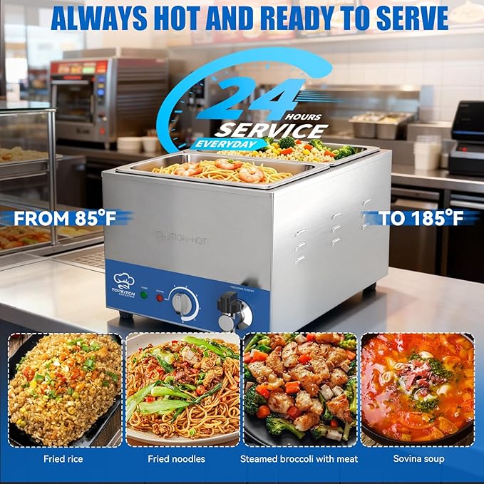 2-Pan Commercial Food Warmer with Non-Leakage Stretch-Forming Water Tank &2 of 1/2 Size GN Pan,Countertop Soup Station Bain Marie with Drain Tap for Buffet,Catering,Parties and Restaurants