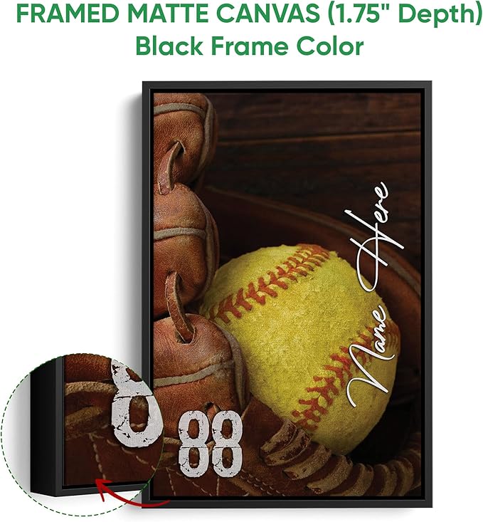 Custom Softball Gloves Ball Gift For Fan Lovers Sport Gift Personalized Name Number Poster & Framed Canvas, Wall Art Home Office Decoration Living Room Bedroom Aesthetic Decor