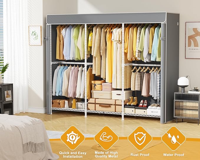 E14C Heavy Duty Closet Organizer System，Freestanding Clothing Racks for Hanging Clothes，Adjustable Garment Rack 70.1" W × 16.6" D × 76.4" H Hold 960 lbs，White Rack with Grey Dustproof Cover